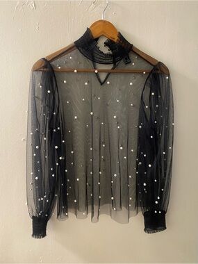 Forever 21 Black Sheer Pearl-Embellished Mock Neck Blouse